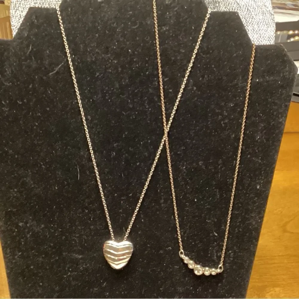 Two Necklaces Silvertone Chain w/Heart and Coppertone Chain with Faux Crystals